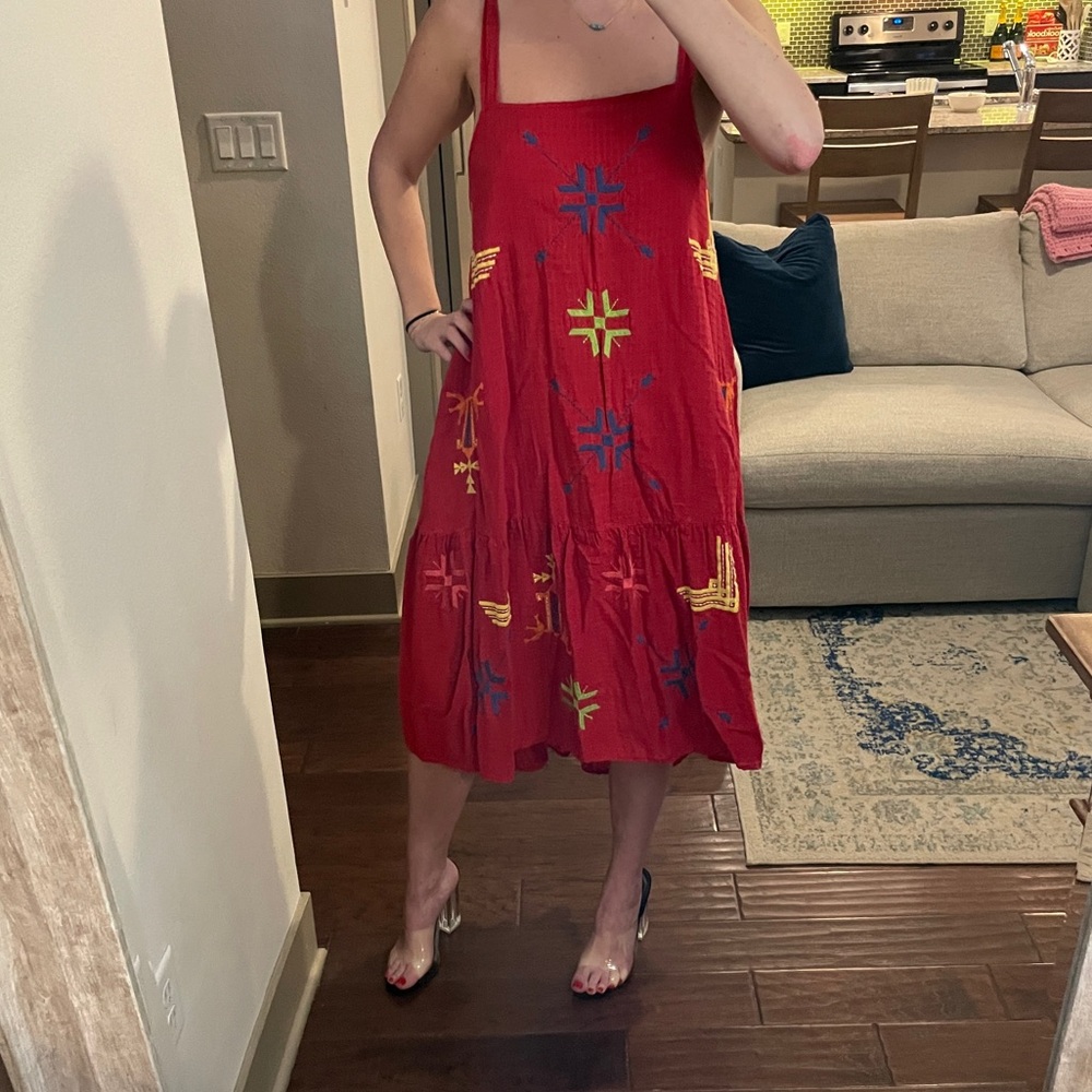 ASOS Geo-Tribal Embroidered Drop Waist Midi Dress Size 8 Red